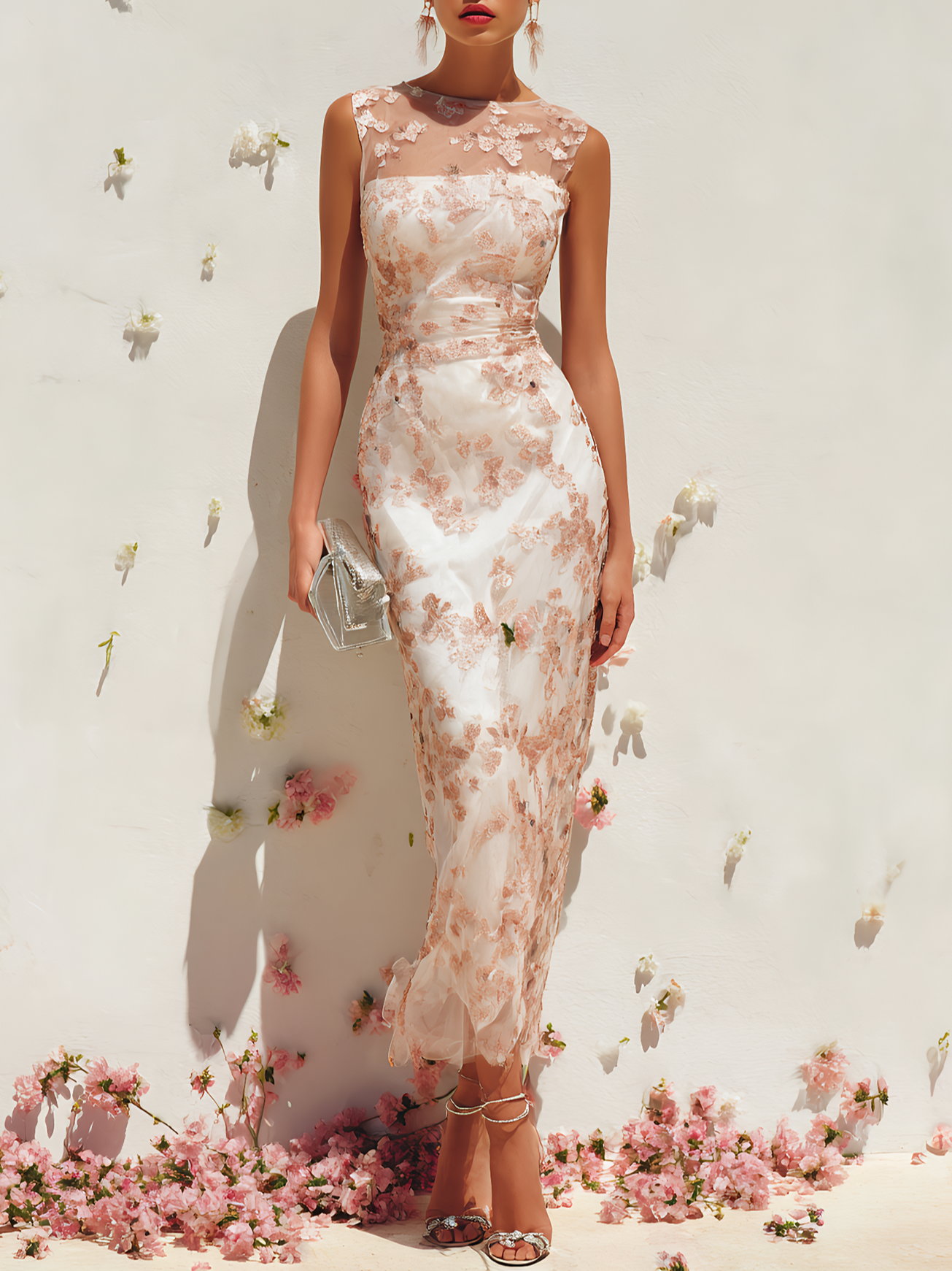 Pink Lace Lace Crew Neck Sleeveless Sheath Maxi Dress