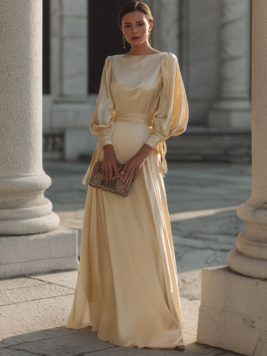Long Sleeve Ruched Waist Flowing Evening Gown