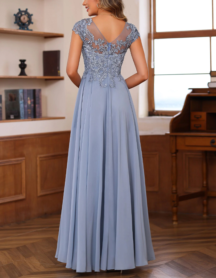 Blue Gray Chiffon Lace Patchwork Maxi Dress