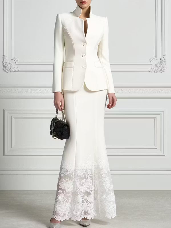 White Stand Up Collar Fitted Blazer And Lace Trimmed Fishtail Skirt 2-Piece Suit