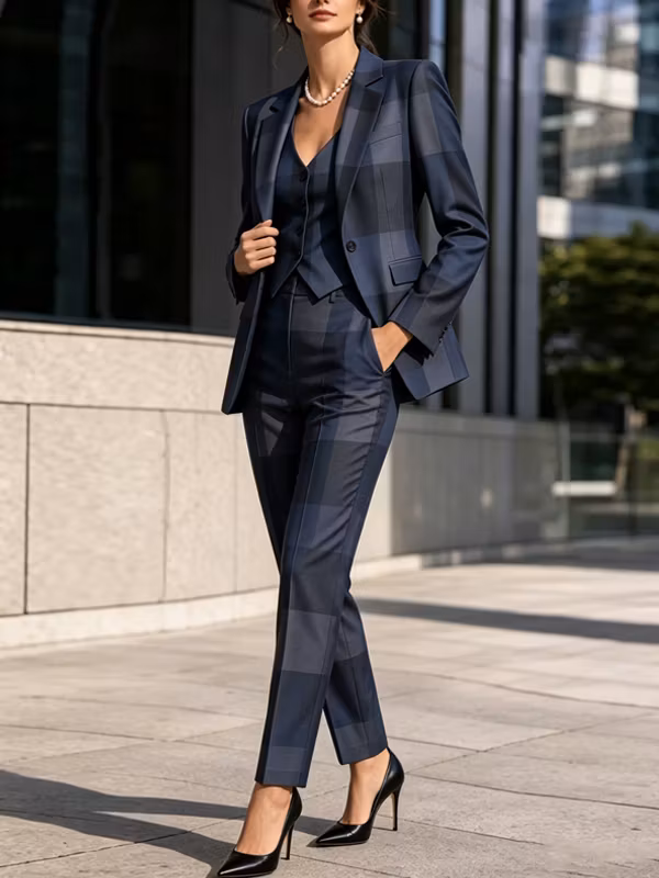 Navy Blue Large Plaid Blazer Vest And High Waist Pants 3-Piece Suit