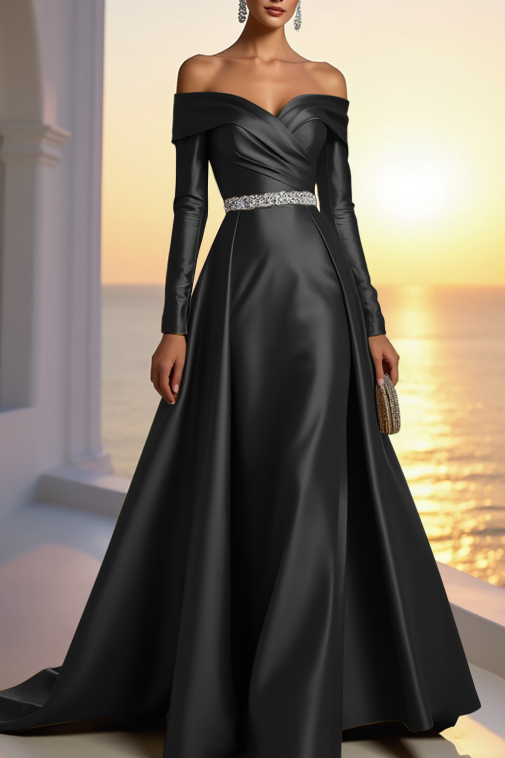 Formal Champagne Satin Dress Off The Shoulder Long Sleeve Maxi Gown