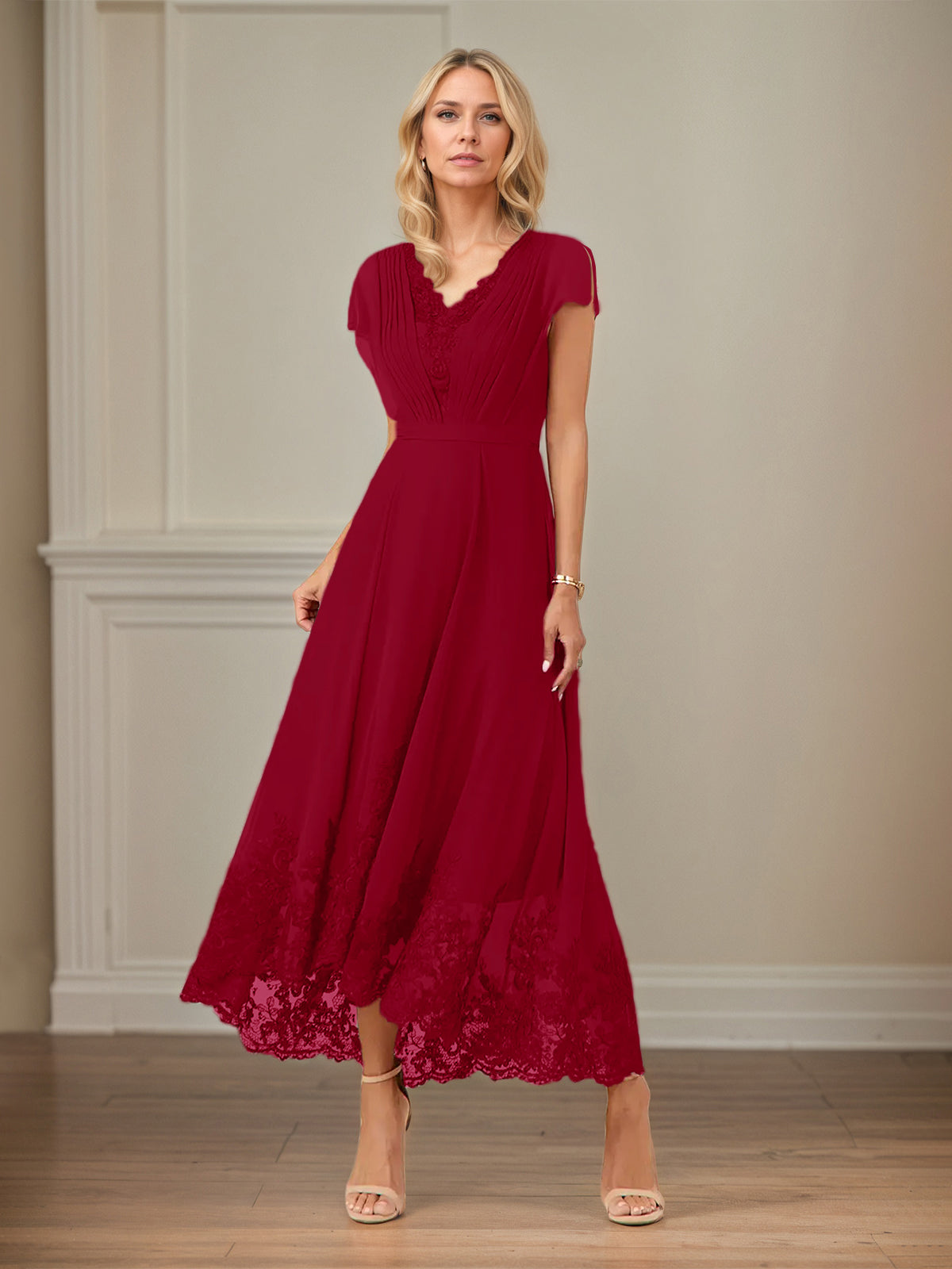 A Line V Neck Flutter Sleeve Ankle Length Chiffon Dress With Appliques