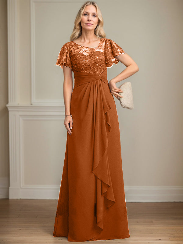 A-line Asymmetrical Illusion Floor-Length Lace Chiffon Mother of the Bride Dress With Cascading Ruffles Sequins