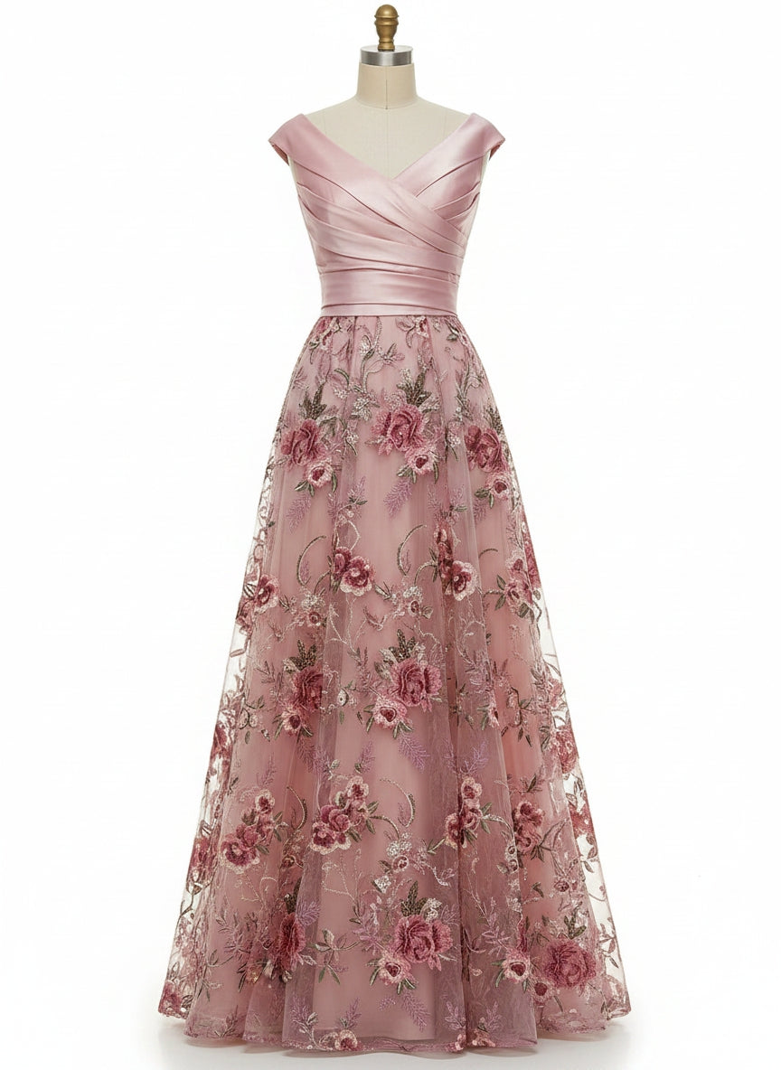 A-Line Floral Jacquard Floor-Length Mother of the Bride & Groom Dresses with Ruched Satin Bodice