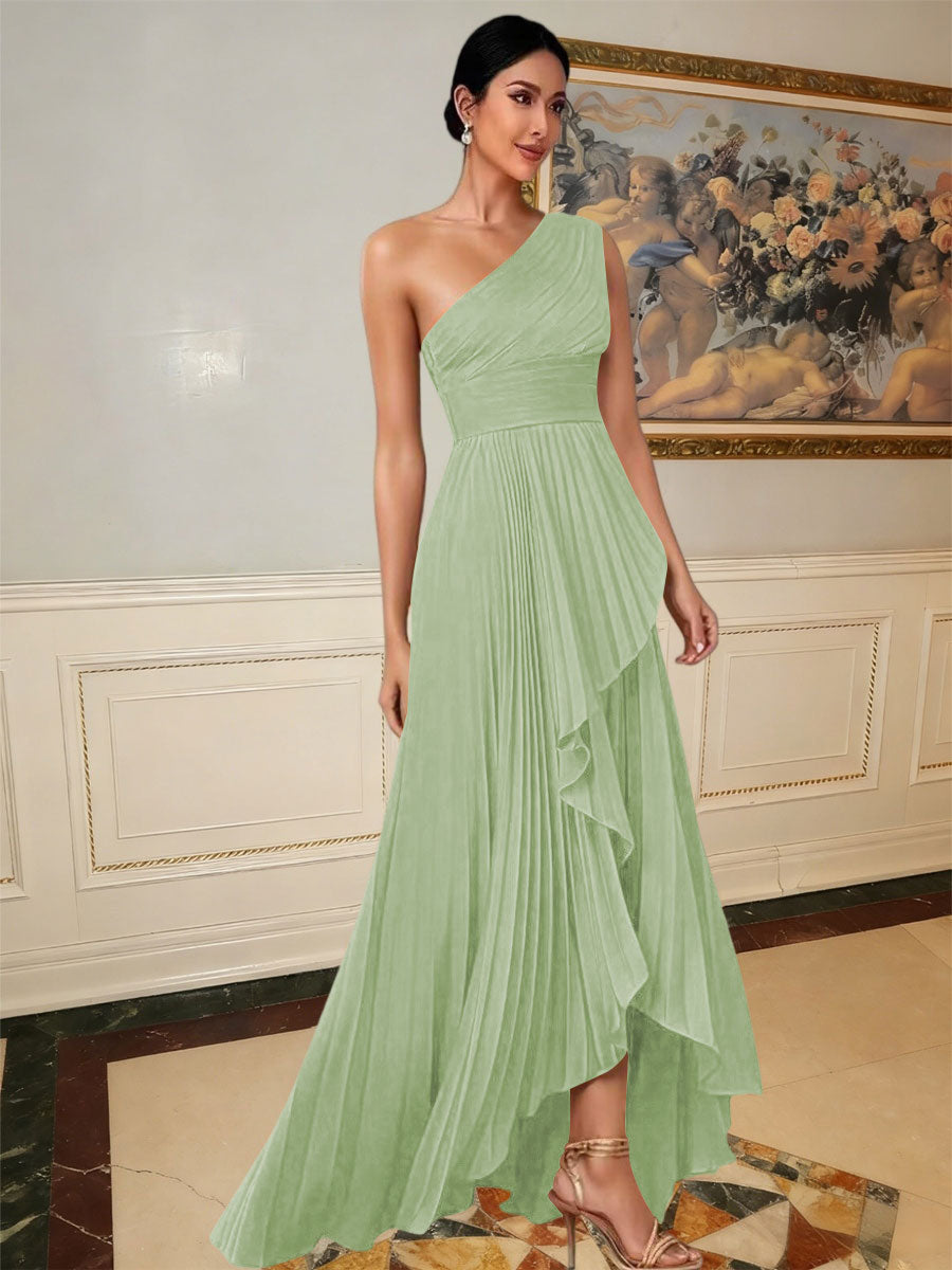 A-Line/Princess One Shoulder Pleated Satin Floor-Length Formal Dresses with Ruffle