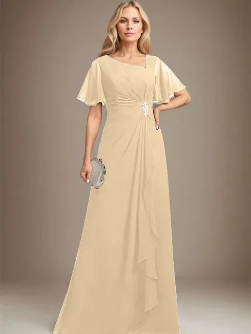 A-line Asymmetrical Floor-Length Chiffon Mother of the Bride Dress With Pleated Beading Sequins