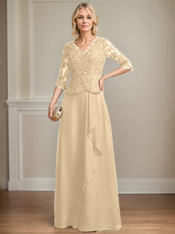 A-line V-Neck Floor-Length Lace Chiffon Mother of the Bride Dress With Cascading Ruffles Sequins