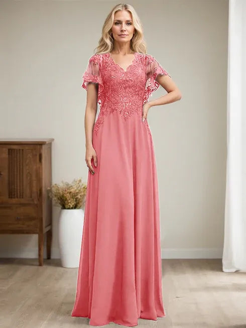 A-line V-Neck Floor-Length Lace Chiffon Mother of the Bride Dress With Sequins