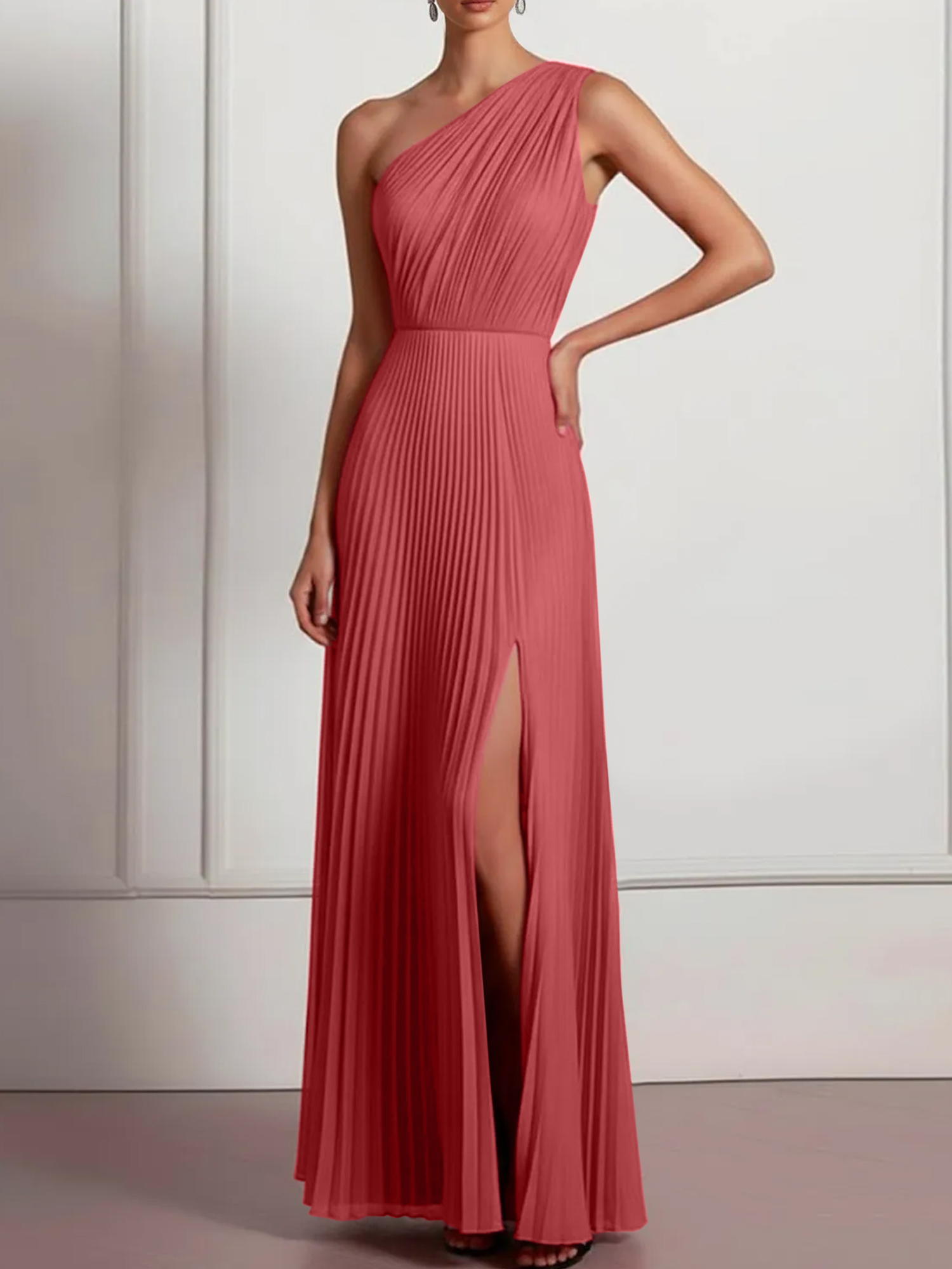 Blush Formal Party Dress One Shoulder Pleated Maxi Dress with Slit