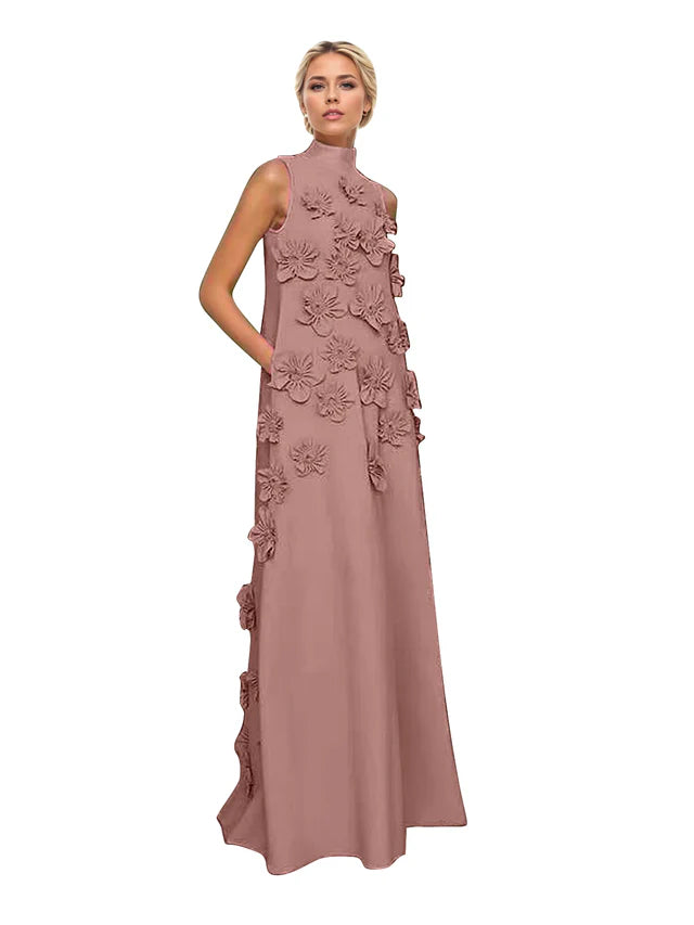 A Line High Neck Sleeveless Floor Length Stretch Crepe Dress With 3D Flowers