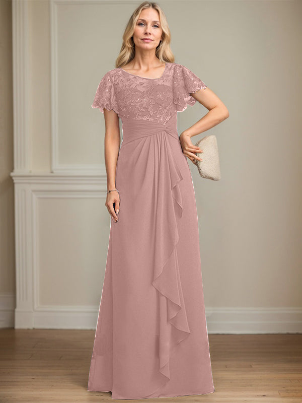 A-line Asymmetrical Illusion Floor-Length Lace Chiffon Mother of the Bride Dress With Cascading Ruffles Sequins