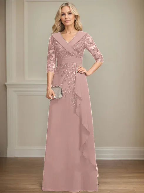 A-line Collared V-Neck Floor-Length Lace Chiffon Mother of the Bride Dress With Sequins Cascading Ruffles