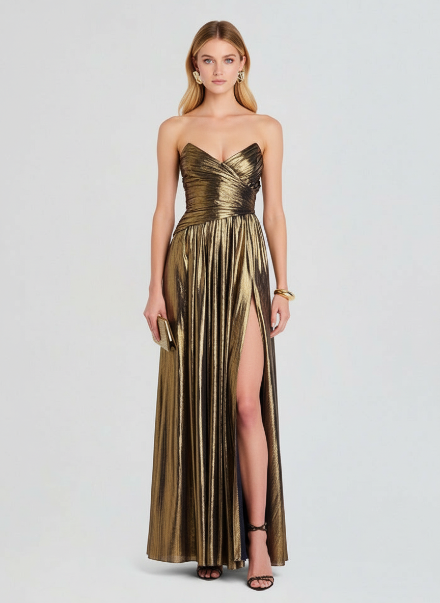 Antique Gold Strapless Evening Gown with Side Slit