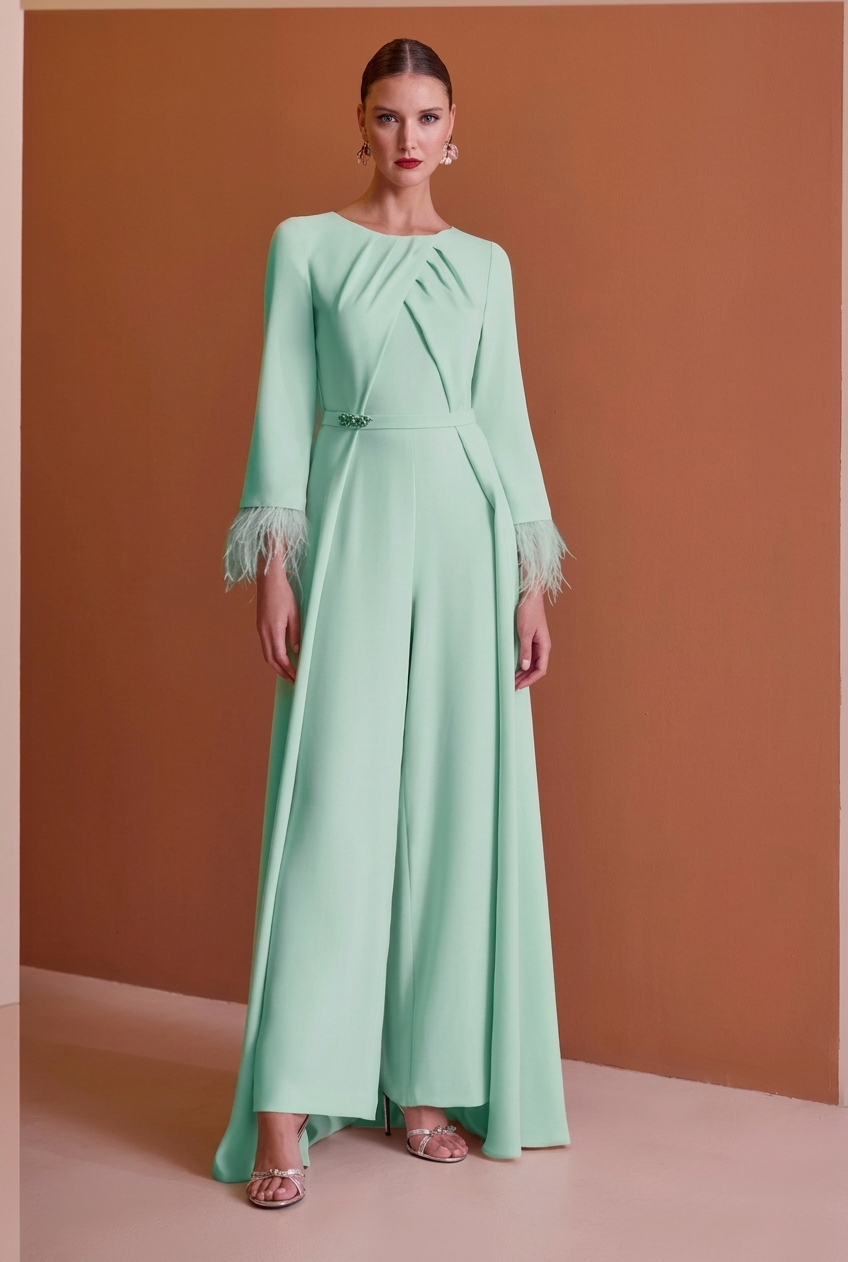 Elegant Feather-Trimmed Pleated Jumpsuit