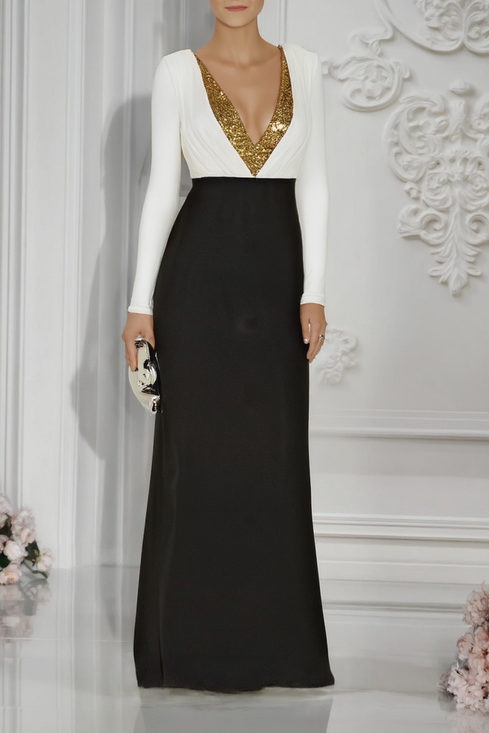 Formal ​Evening Dress Black White Deep V Colorblock Long Sleeve Maxi Dress