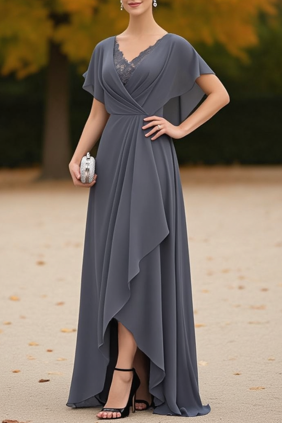 Wedding Dress Grey V Neck Lace Maxi Mother of the Bride Dress