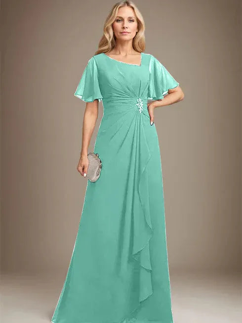 A-line Asymmetrical Floor-Length Chiffon Mother of the Bride Dress With Pleated Beading Sequins