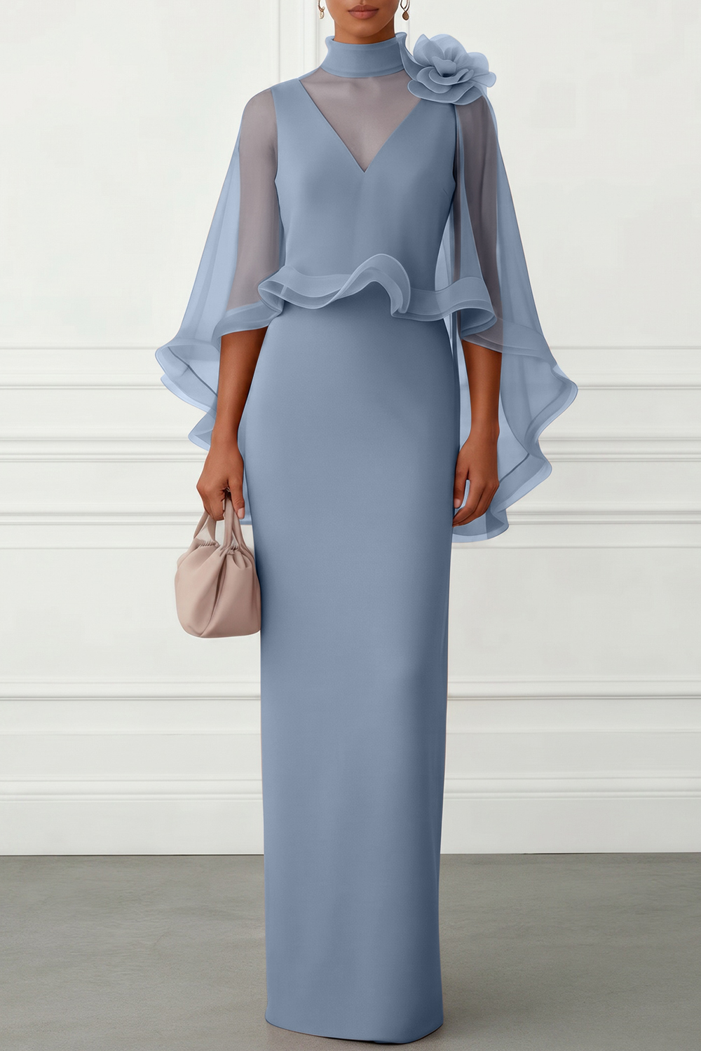 Nudepink 3D Floral Mesh Classic Mock Neck Half Sleeve Sheath Floor-length Gown Dress