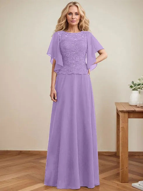A-line Scoop Illusion Floor-Length Lace Chiffon Mother of the Bride Dress With Sequins