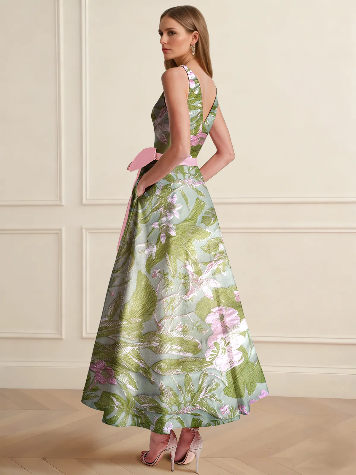 A-Line/Princess Cocktail Dresses Floral Formal V Neck Sleeveless Tea Length with Bowknot Pocket