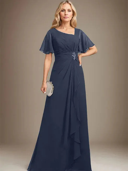 A-line Asymmetrical Floor-Length Chiffon Mother of the Bride Dress With Pleated Beading Sequins