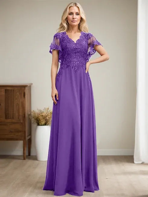 A-line V-Neck Floor-Length Lace Chiffon Mother of the Bride Dress With Sequins