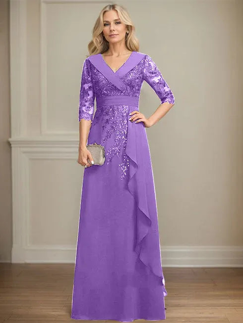A-line Collared V-Neck Floor-Length Lace Chiffon Mother of the Bride Dress With Sequins Cascading Ruffles