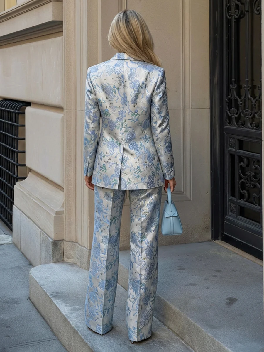 Two-Piece Floral Jacquard Mother of the Bride & Groom Pant Suit with Long Sleeve Tailored Blazer & High Waist Wide-Leg Trousers