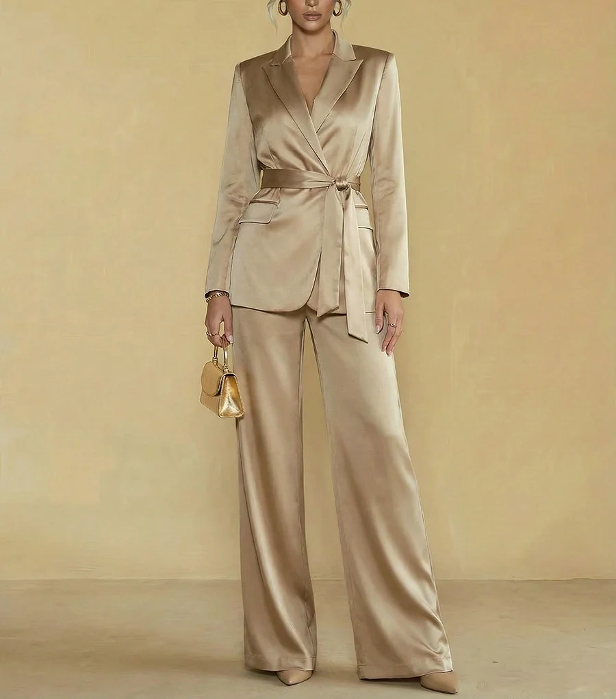Two-Piece Satin Long Sleeve Pantsuits with Belt Women Formal Gowns