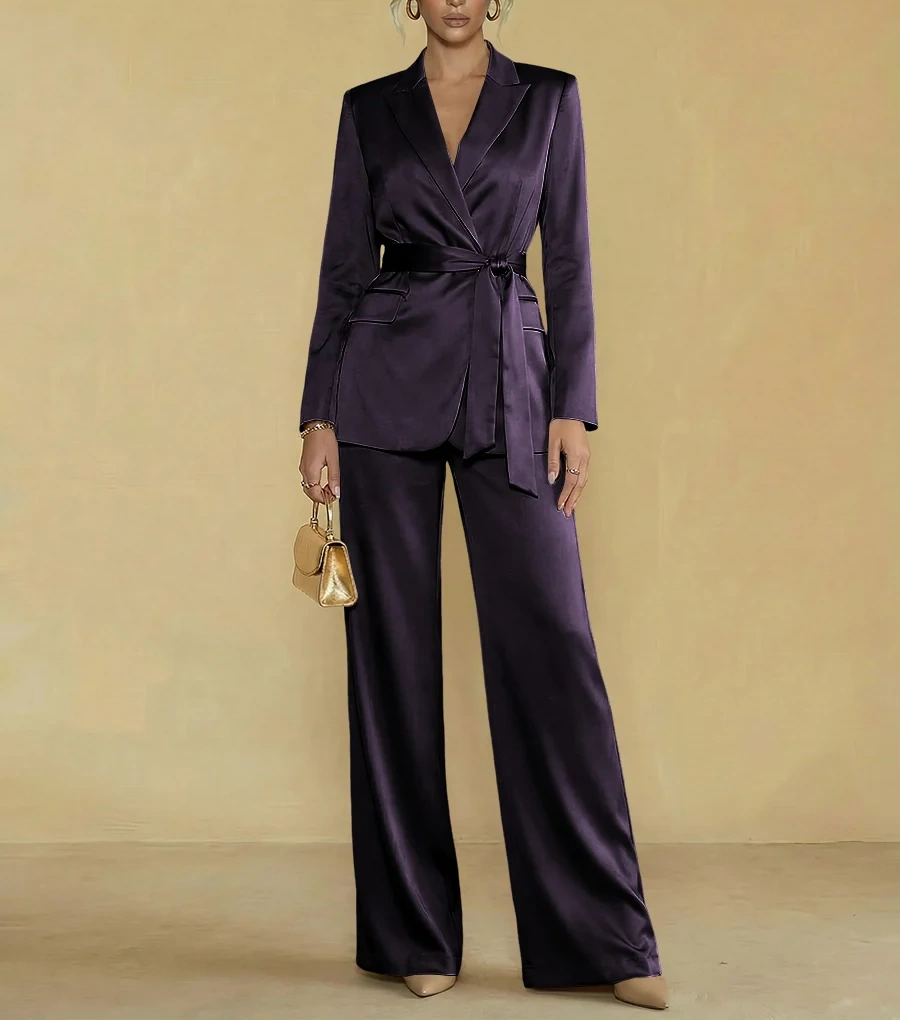 Two-Piece Satin Long Sleeve Pantsuits with Belt Women Formal Gowns