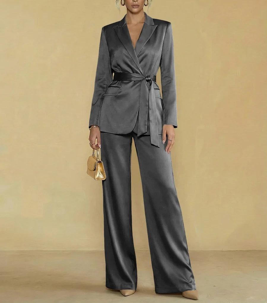 Two-Piece Satin Long Sleeve Pantsuits with Belt Women Formal Gowns
