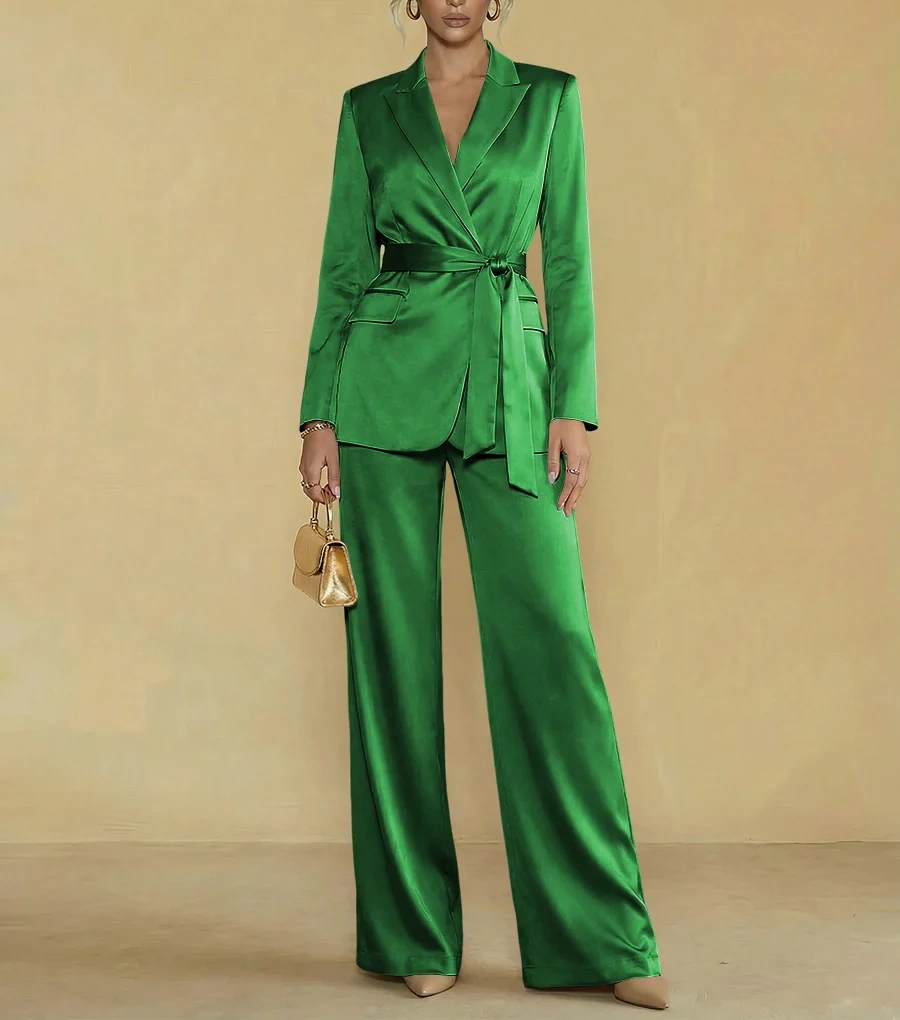 Two-Piece Satin Long Sleeve Pantsuits with Belt Women Formal Gowns