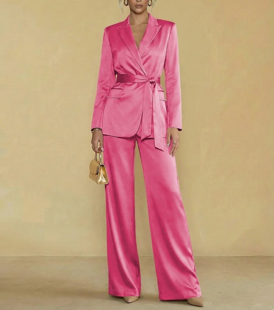 Two-Piece Satin Long Sleeve Pantsuits with Belt Women Formal Gowns