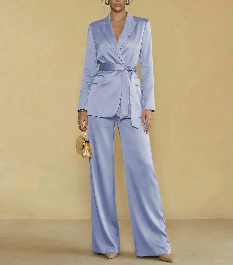 Two-Piece Satin Long Sleeve Pantsuits with Belt Women Formal Gowns