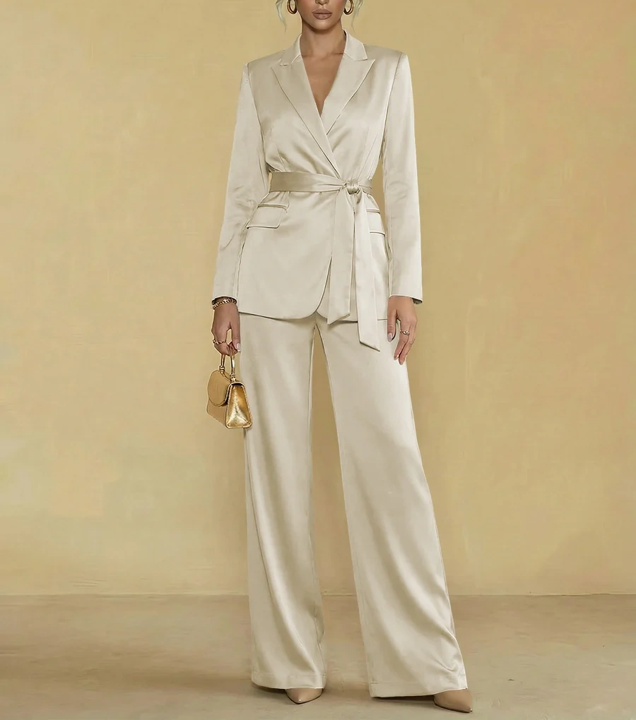 Two-Piece Satin Long Sleeve Pantsuits with Belt Women Formal Gowns