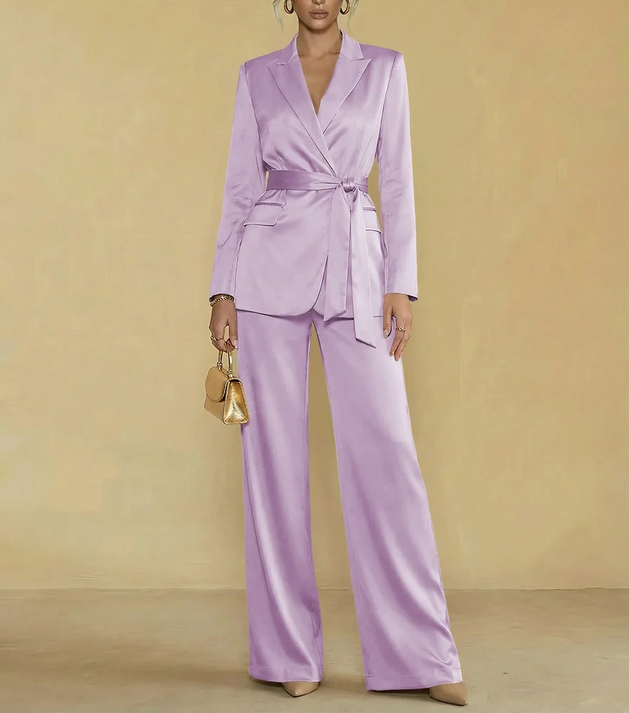 Two-Piece Satin Long Sleeve Pantsuits with Belt Women Formal Gowns