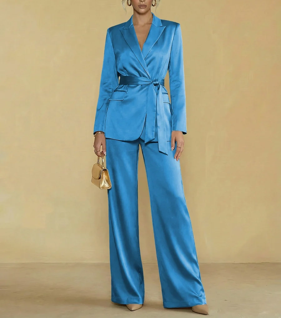 Two-Piece Satin Long Sleeve Pantsuits with Belt Women Formal Gowns