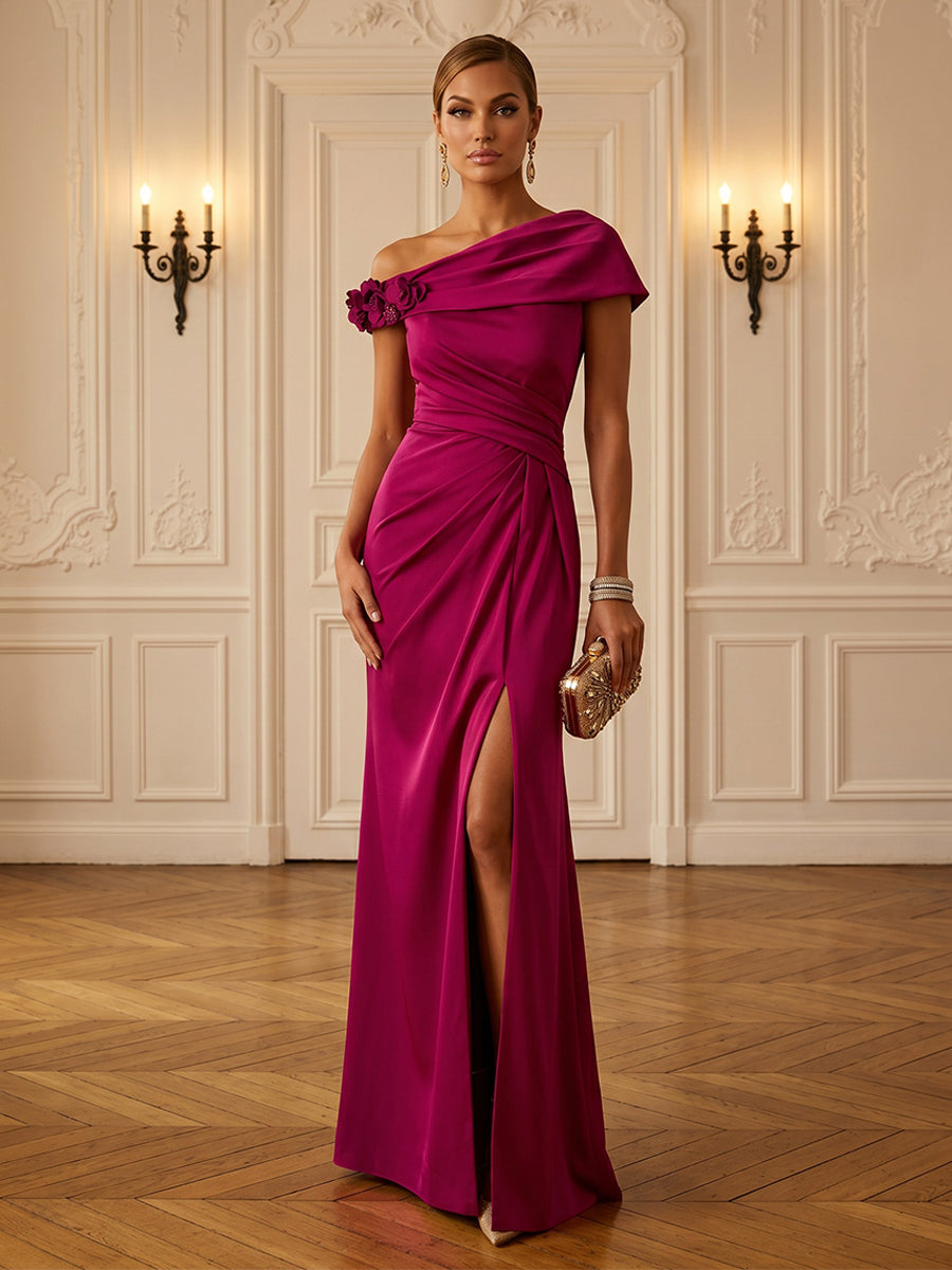 Satin Sheath Off Shoulder with Ruched Waist & Slit Maxi Dress