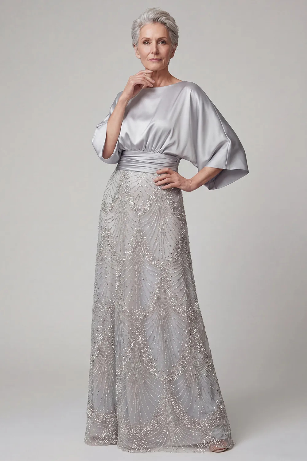 Sparkly A Line Champagne Boat Neck Beaded Maxi Dress