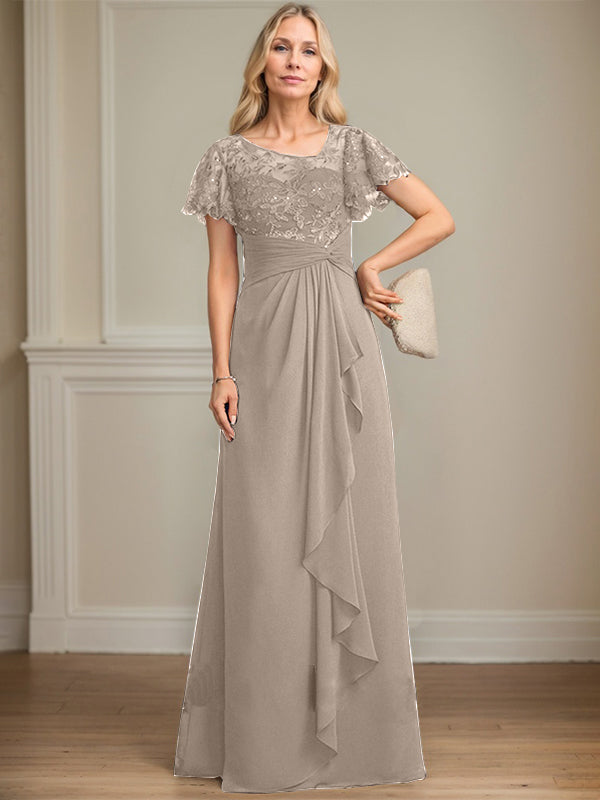 A-line Asymmetrical Illusion Floor-Length Lace Chiffon Mother of the Bride Dress With Cascading Ruffles Sequins