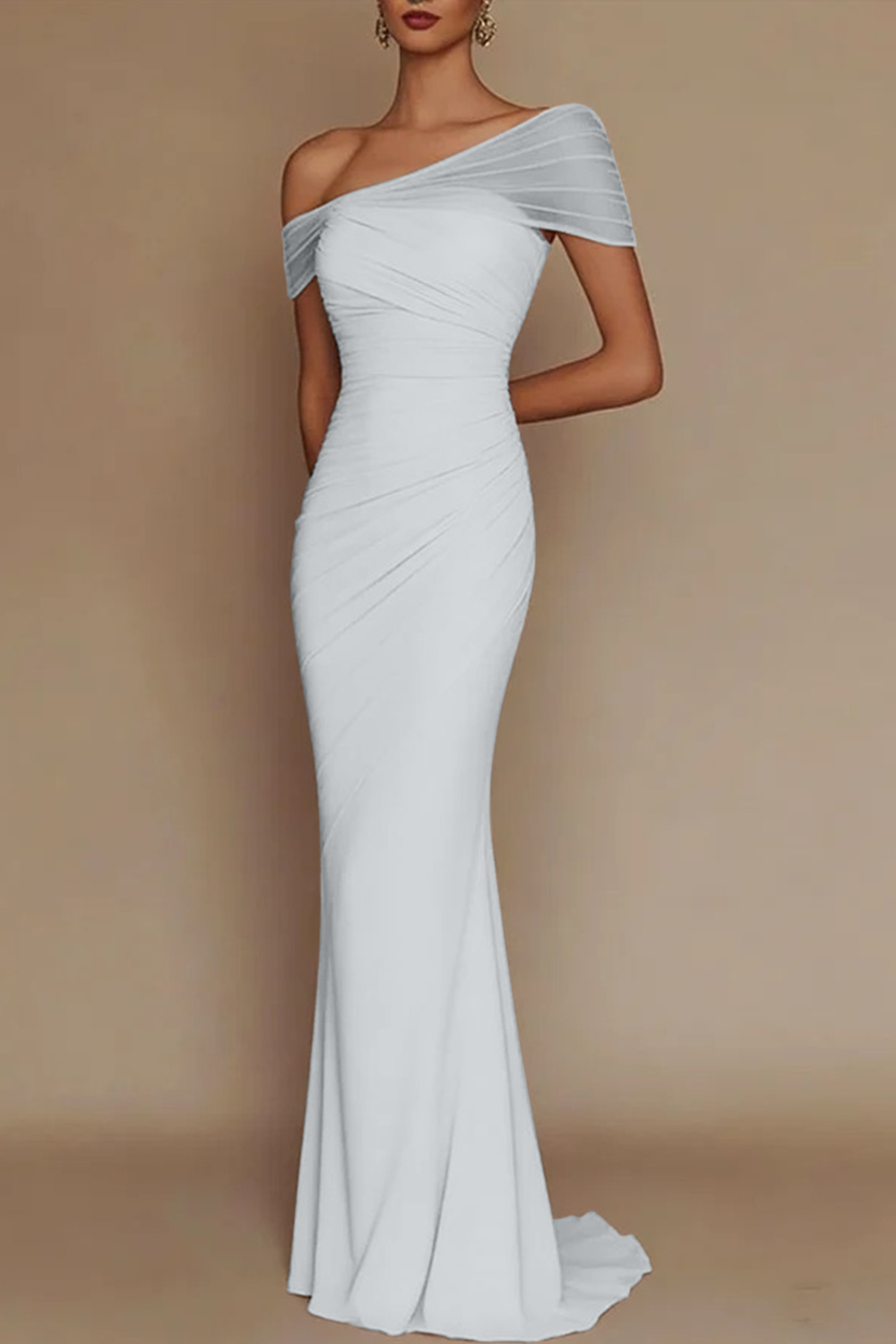 Blush Pink One-Shoulder Mesh-Patched Pleated Mermaid Maxi Dress
