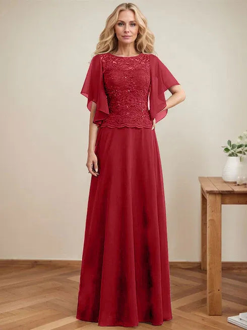 A-line Scoop Illusion Floor-Length Lace Chiffon Mother of the Bride Dress With Sequins