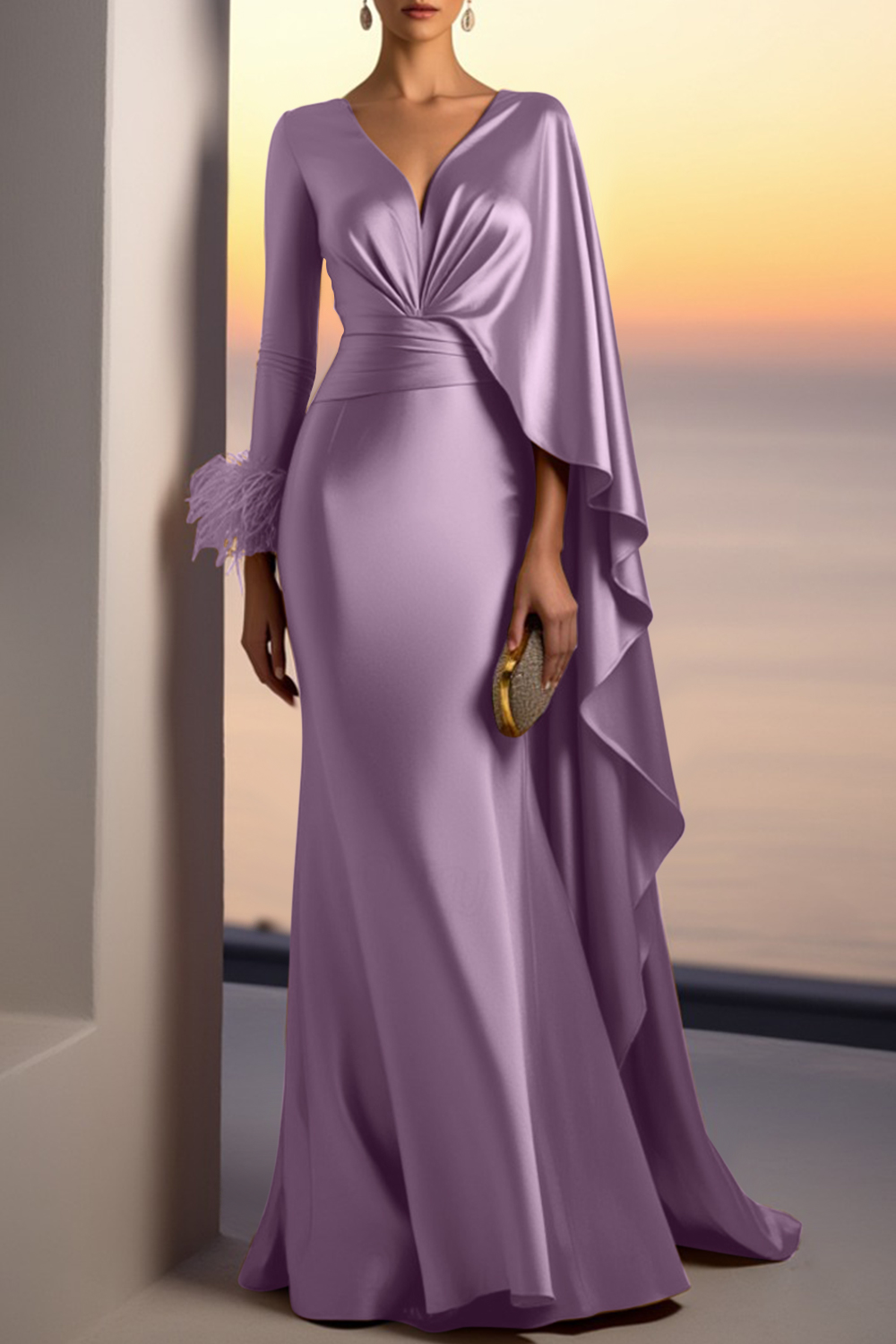 Evening Formal Gold Satin Dress V Neck Long Sleeve Cape Maxi Gown