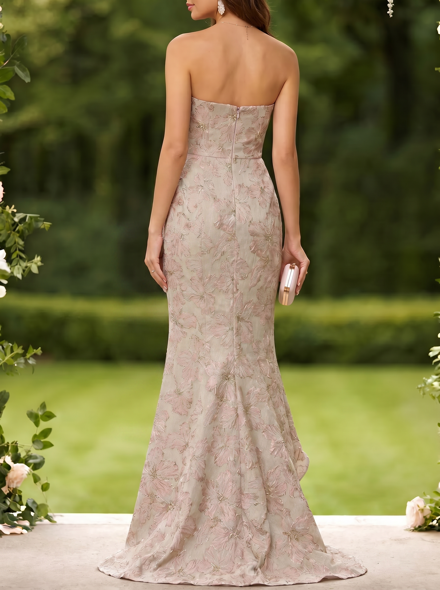 Strapless Floral Jacquard Ruffled Mermaid Maxi Dress