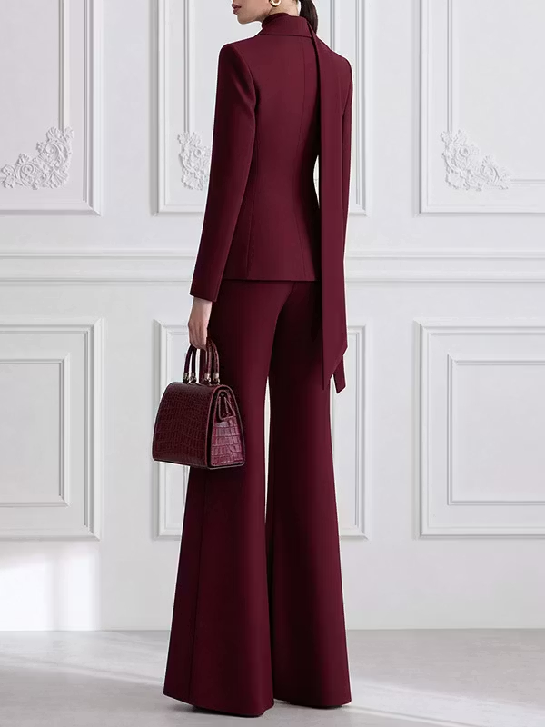 Burgundy Double-Breasted Notched Lapel Ribbon Scarf Fitted Blazer & Pleated Wide-Leg Pants 2-Piece Suit