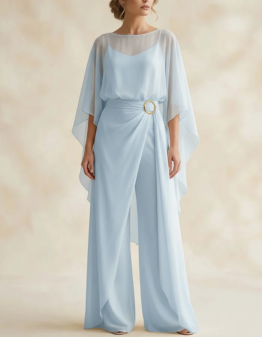 Elegant Chiffon Cape Sleeve Belted Wide Leg Jumpsuit
