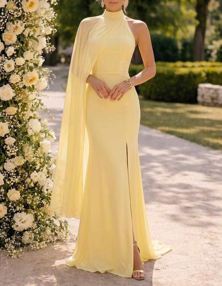 Light Yellow Chiffon Halter Neck Ribbon Fishtail Maxi Dress