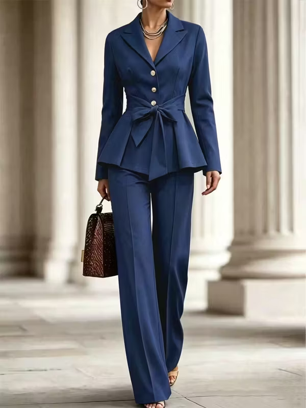 Deep Navy Fitted Ruffled Blazer And High-waisted Wide-leg Pants 2-Piece Suit