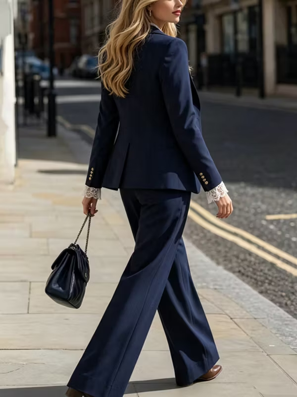 Navy Blue Minimalist Lace Vest And Pants 3-Piece Suit